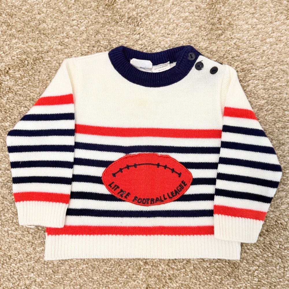 Vintage 70s Little Angel Baby Sweater 12 Months Football Sports Striped Pullover
